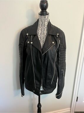 Women's Black Quilted-Sleeve Leather Moto Jacket